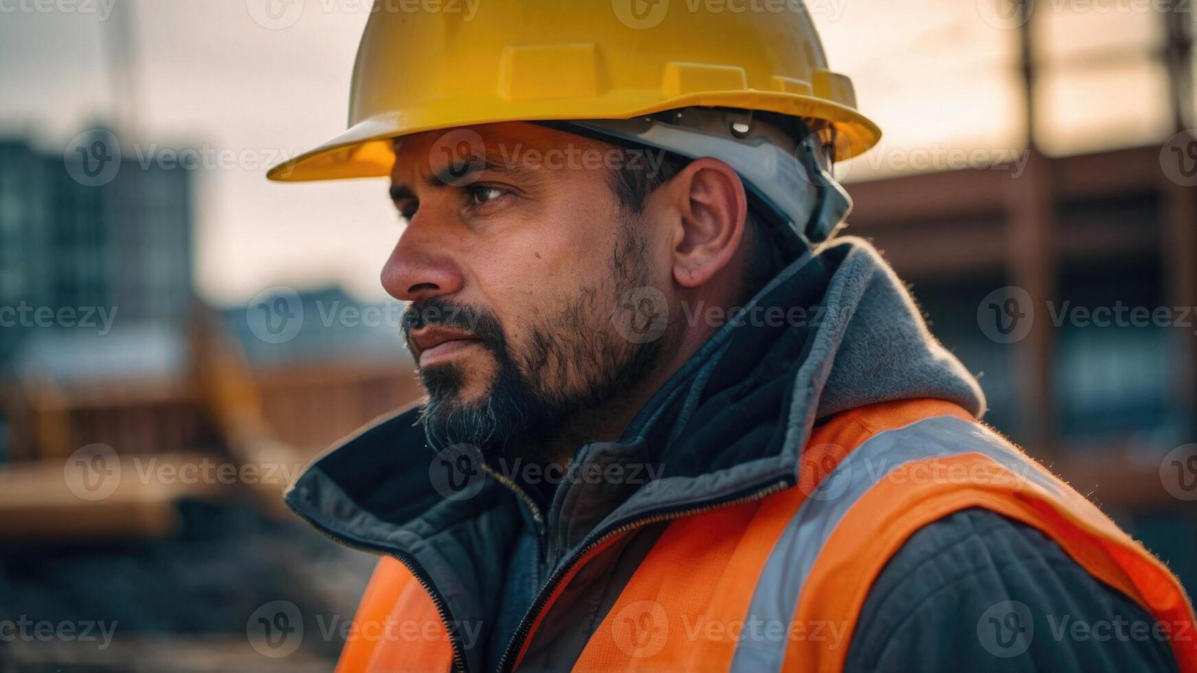 AI generated a man in an orange safety vest and hard hat looking at the construction site photo