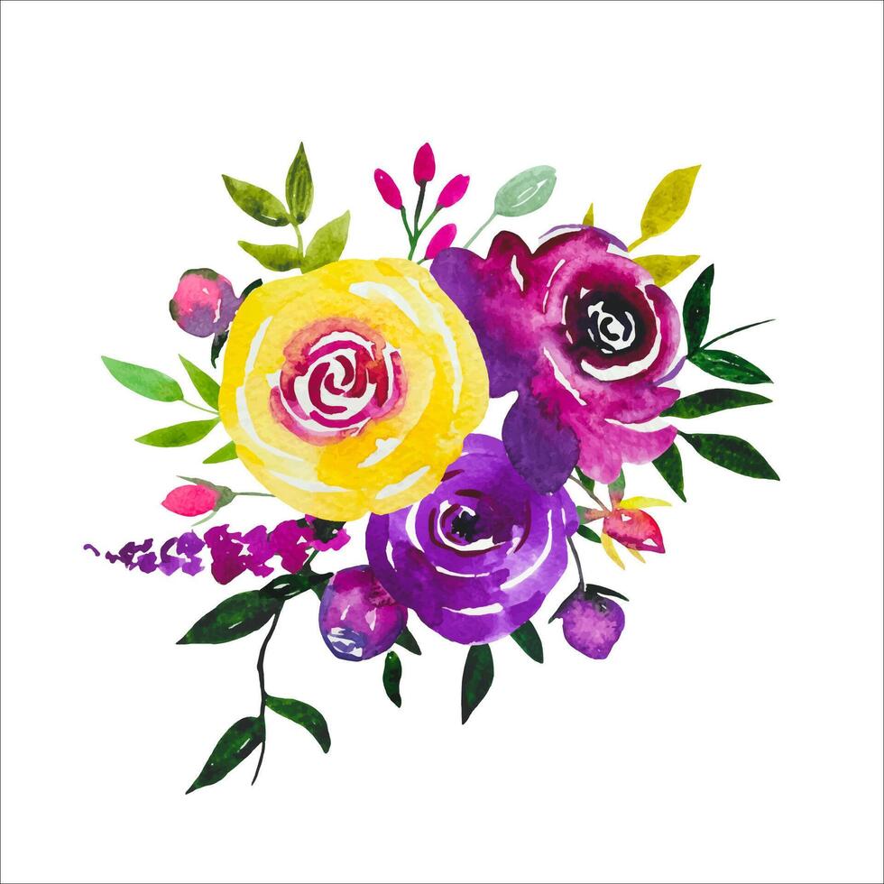 Violet yellow watercolor flower bouquet isolated on white vector