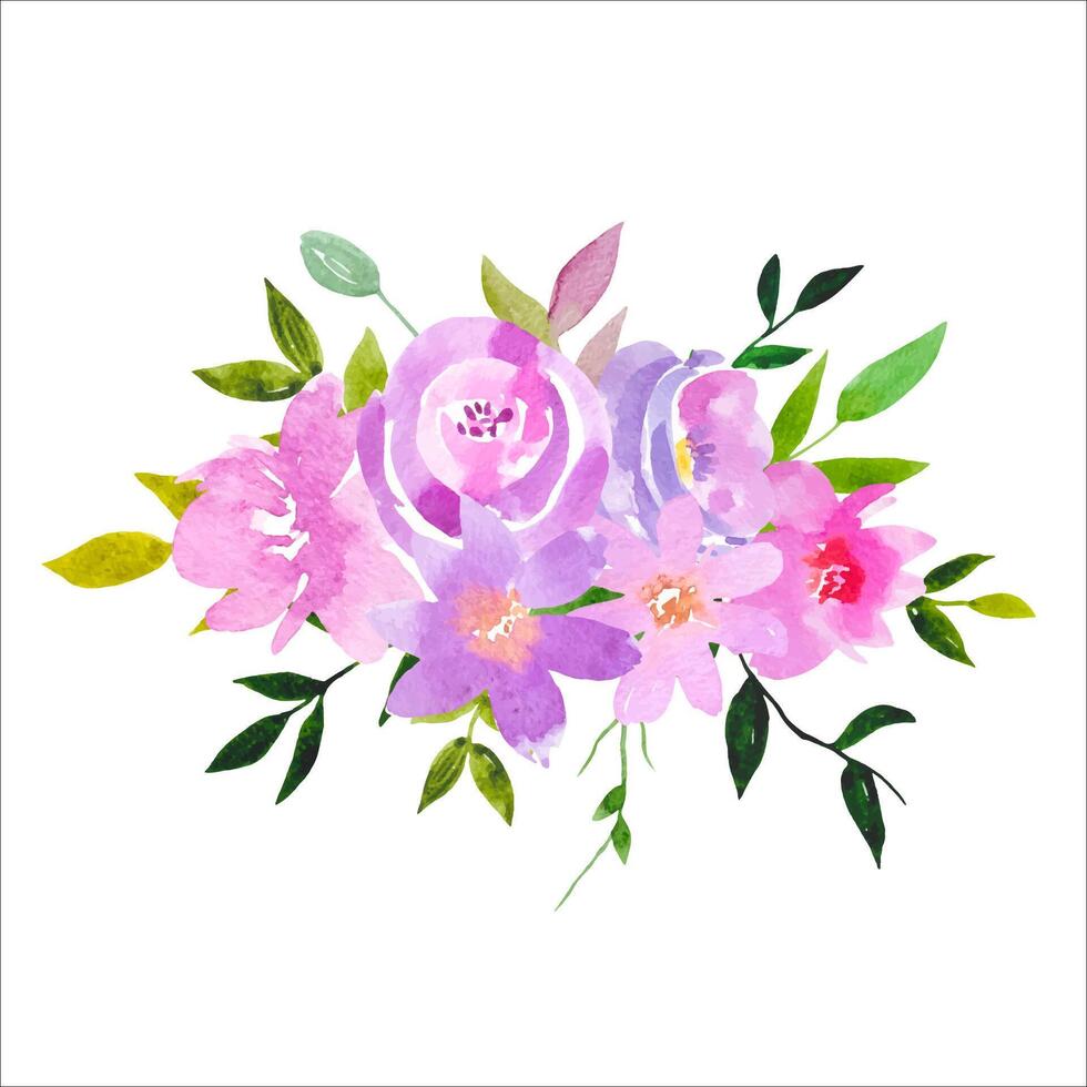 Watercolor floral bouquet, purple flowers, summer composition vector