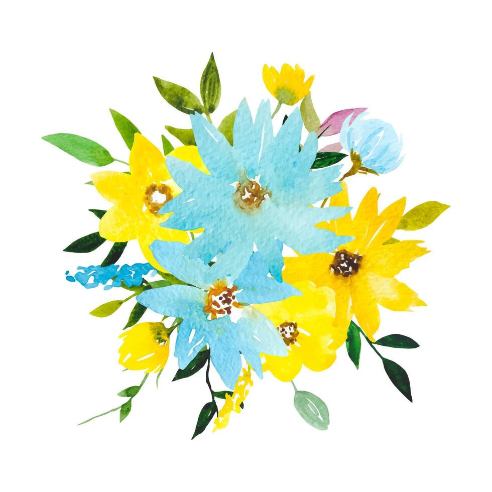 Yellow Blue Watercolour Flower Clipart Floral Arrangement with Flowers Leaves vector
