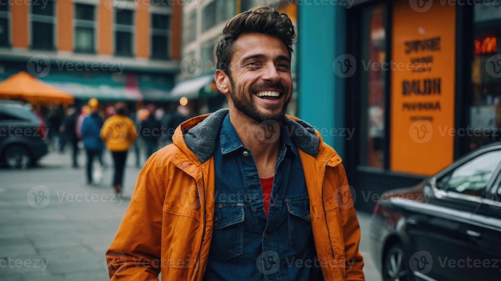 AI generated a man with a beard is smiling and having fun in the city photo