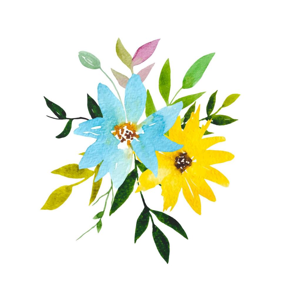 Yellow Blue Watercolour Flower Clipart Floral Arrangement with Flowers Leaves vector