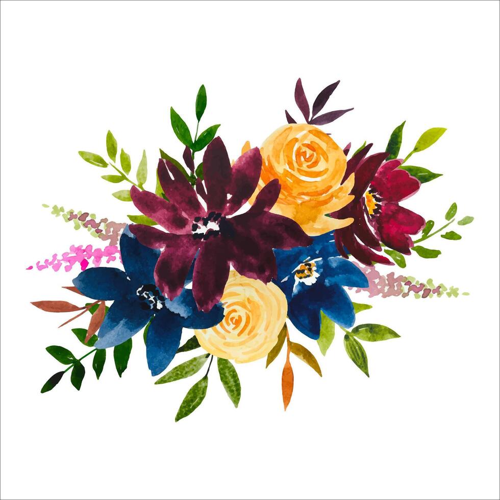 acuarela floral ramo, amarillo, borgoña, azul rosas. vector