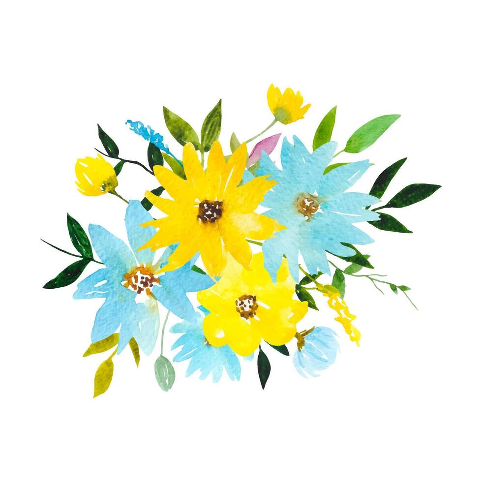 amarillo azul acuarela flor clipart floral arreglo con flores hojas vector