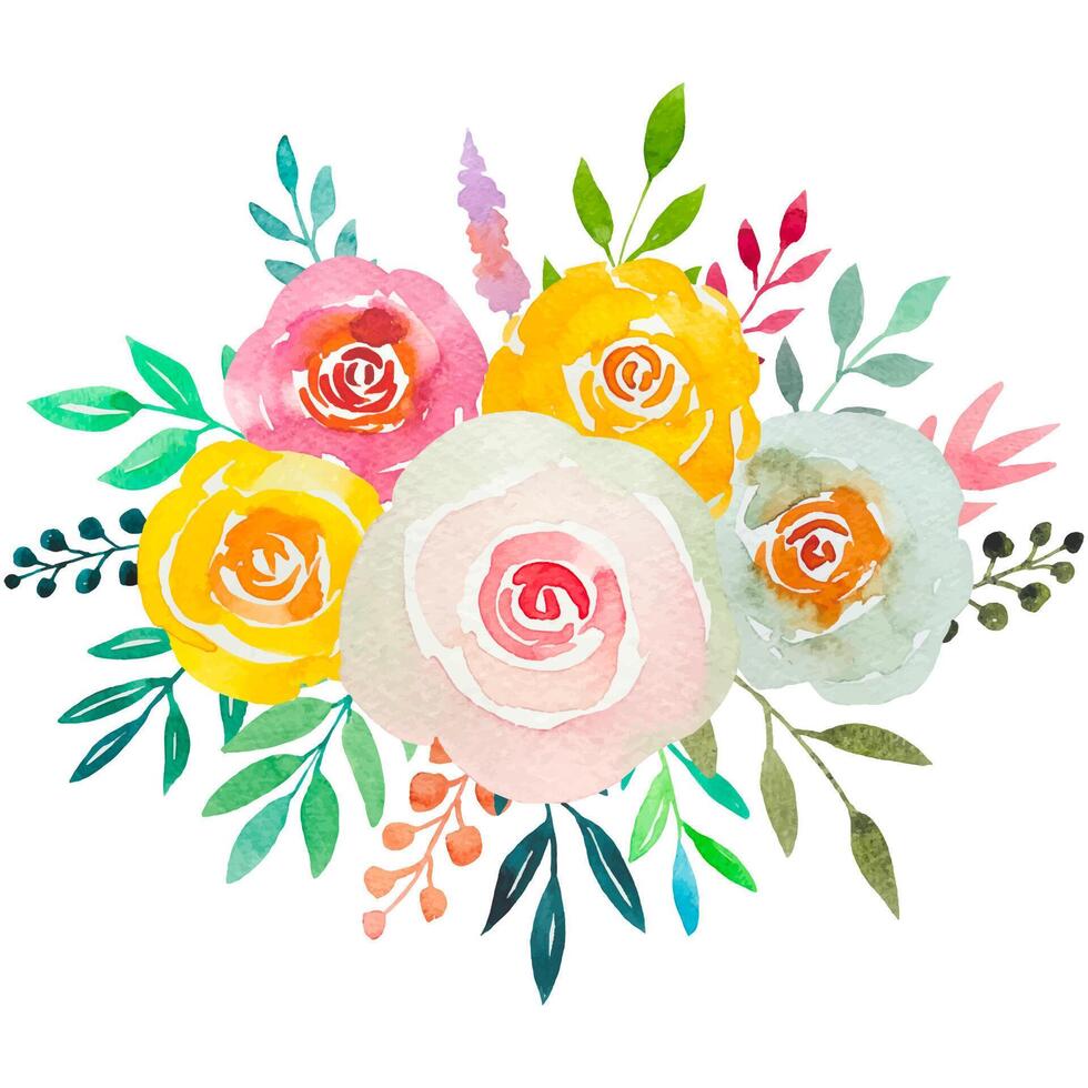 Watercolour Flower Bouquets Yellow Pink Roses Spring Arrangement Isolated On White vector