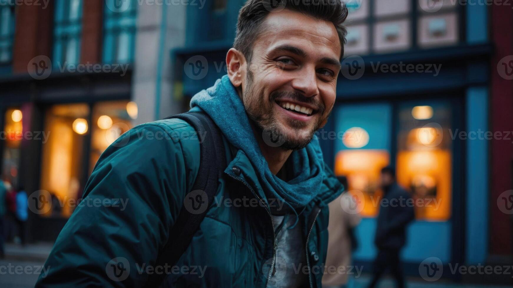 ai generado un hombre con un barba es sonriente y teniendo divertido en el ciudad foto