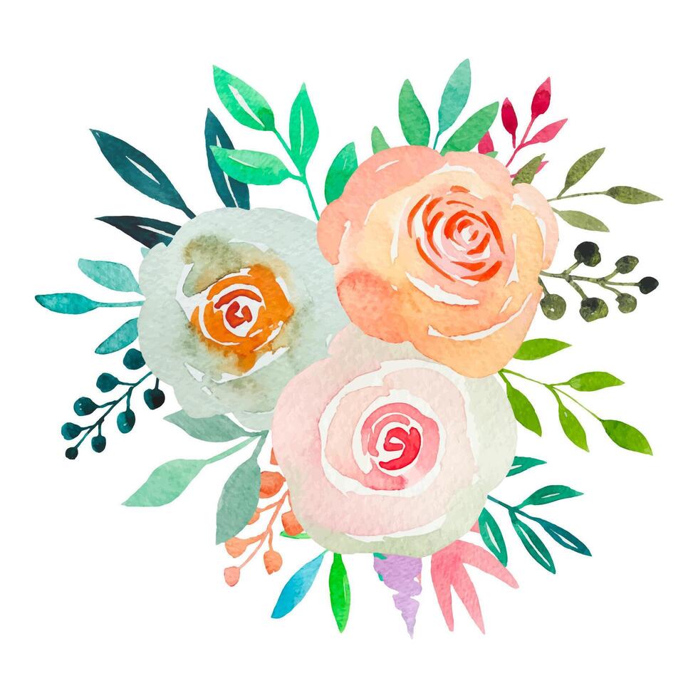 Watercolour Flower Bouquets Yellow Pink Roses Spring Arrangement vector