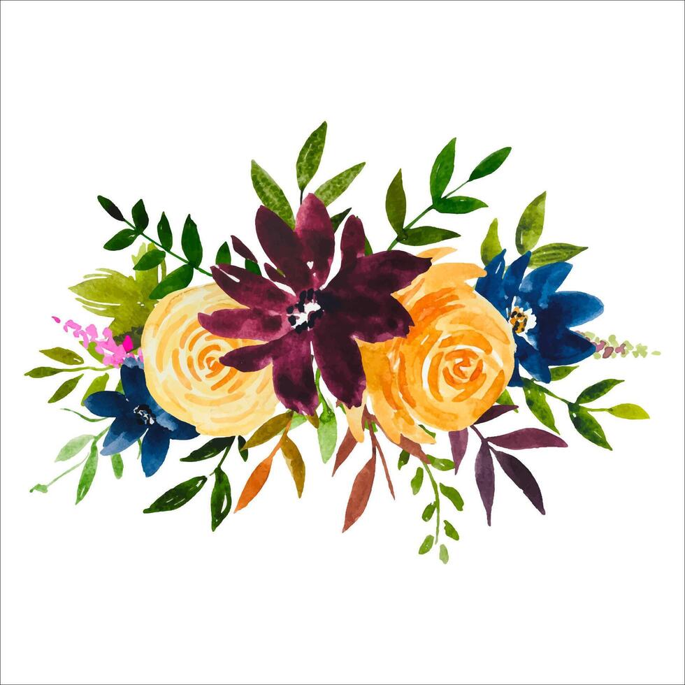 Watercolor floral bouquet, yellow, burgundy, blue roses. vector