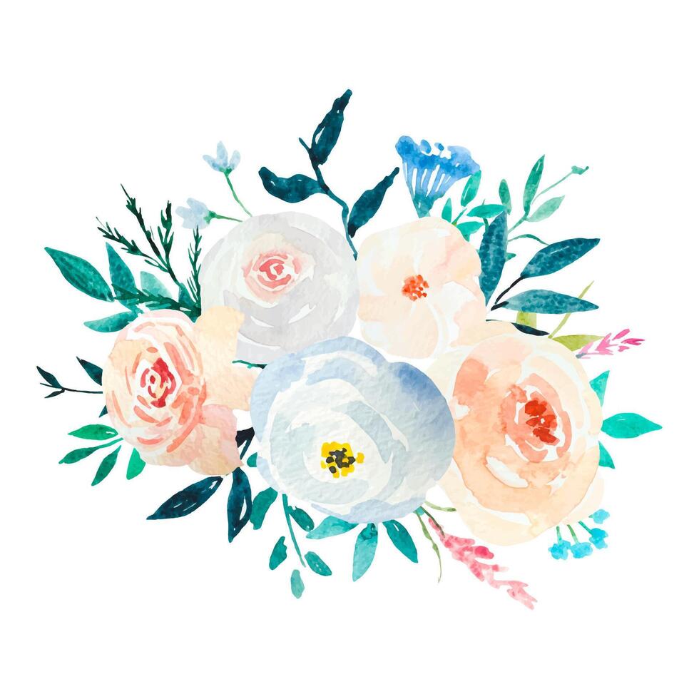 Pastel Pink Blue Watercolor Floral Bouquet, Flower Arrangement vector