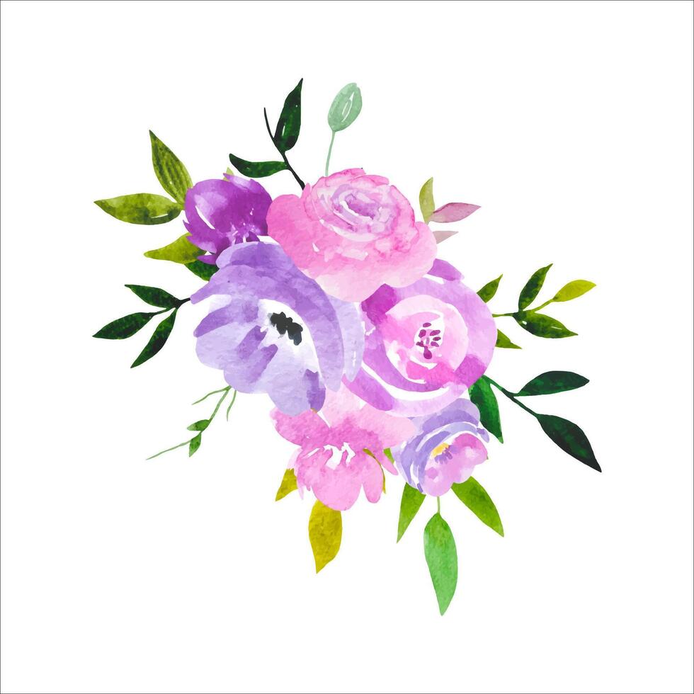 Watercolor floral bouquet, purple flowers, summer composition vector