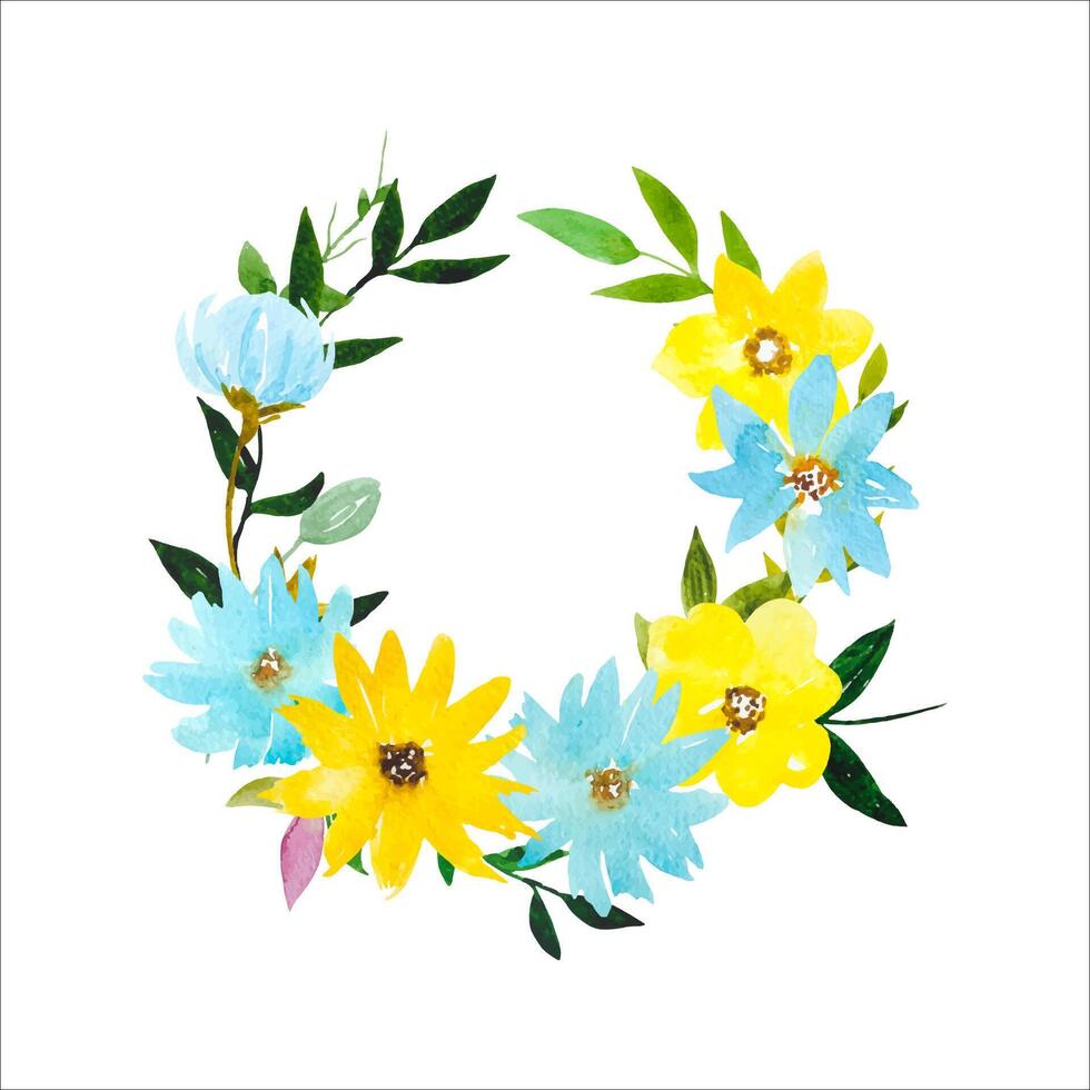 Floral wreath with blue and yellow flowers, watercolor vector