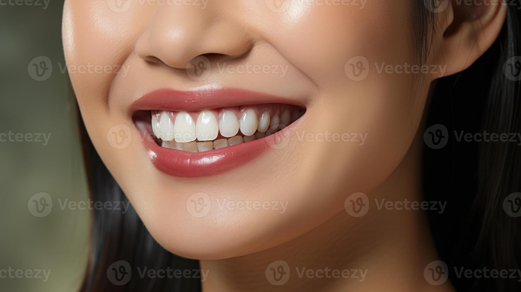 AI generated Close up of young woman smiling with perfect white teeth photo