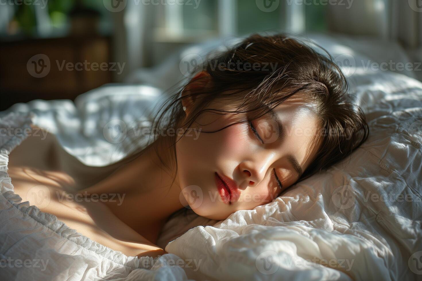 ai generado hermosa joven mujer en pijama dormido en cama a temprano Mañana foto