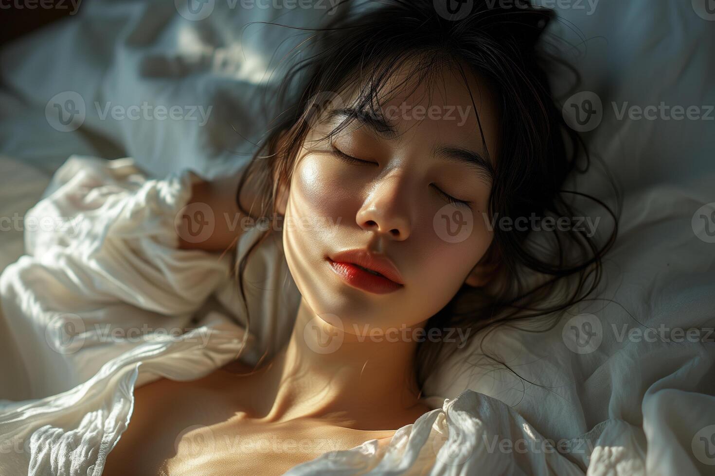 AI generated Beautiful young woman in pajamas sleeping in bed at early morning photo
