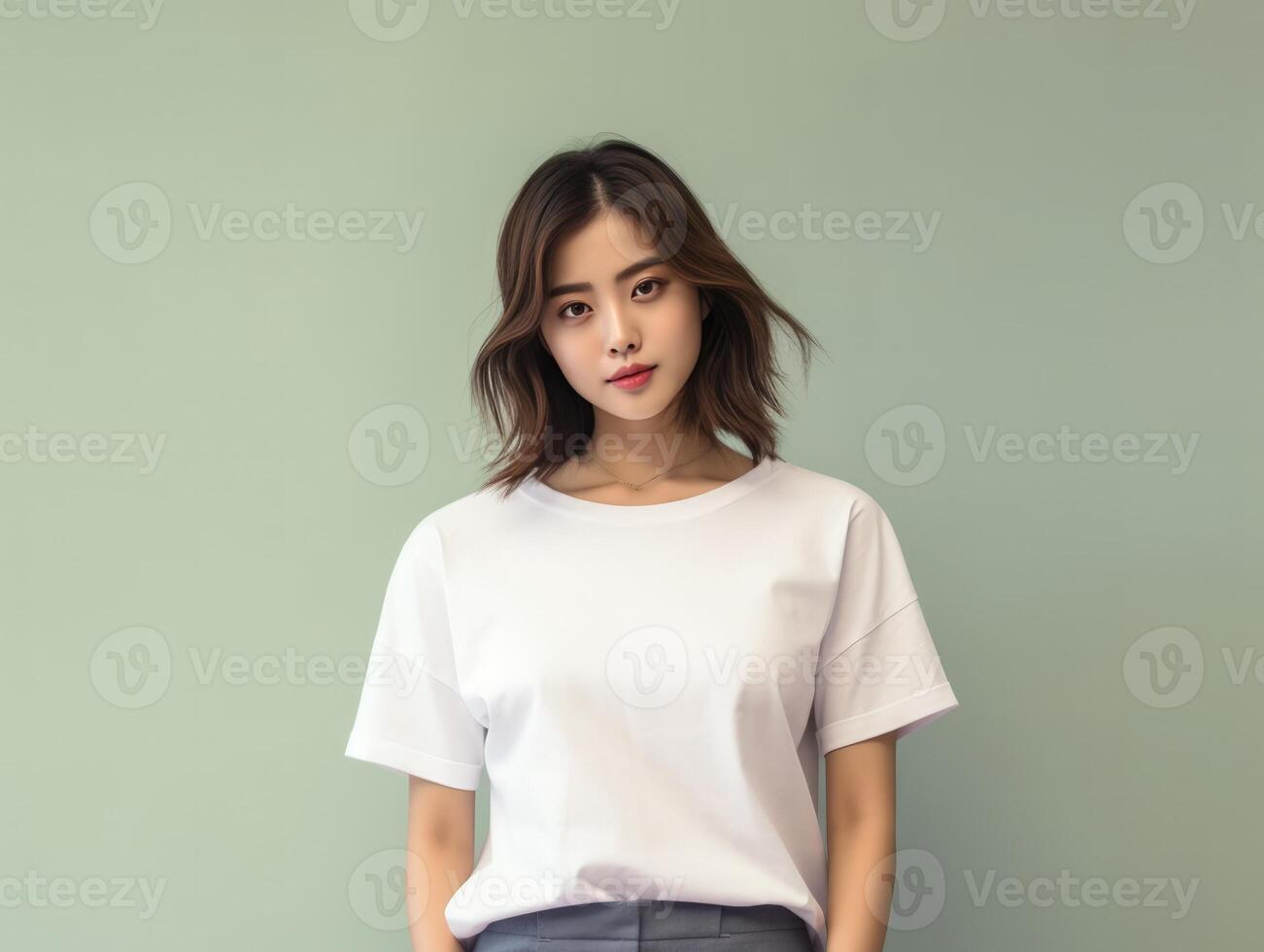 ai generado retrato de un hermosa asiático mujer en blanco camiseta foto