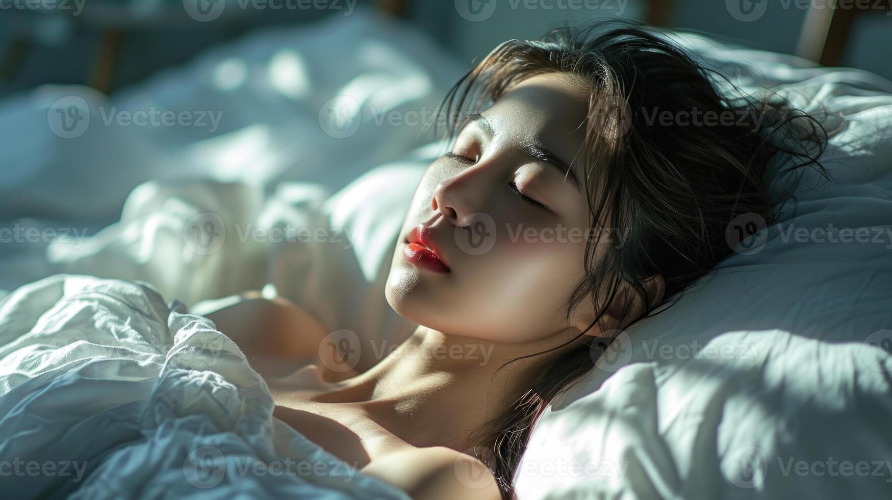 AI generated Beautiful young woman in pajamas sleeping in bed at early morning photo