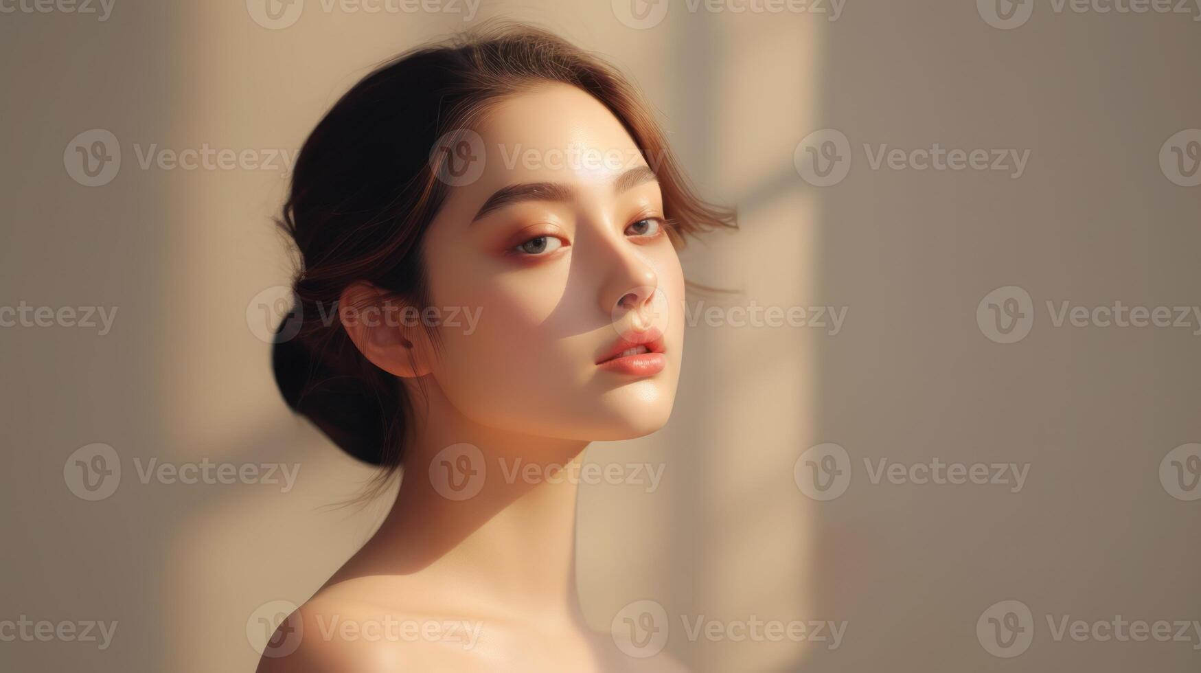 AI generated Beautiful young woman face with beauty skin make up. photo