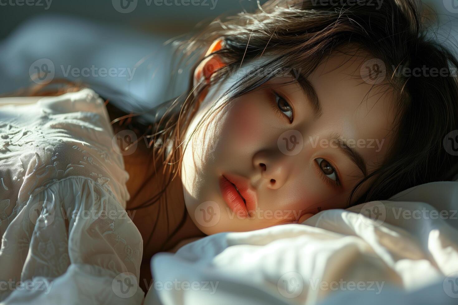 AI generated Beautiful young woman in pajamas sleeping in bed at early morning photo