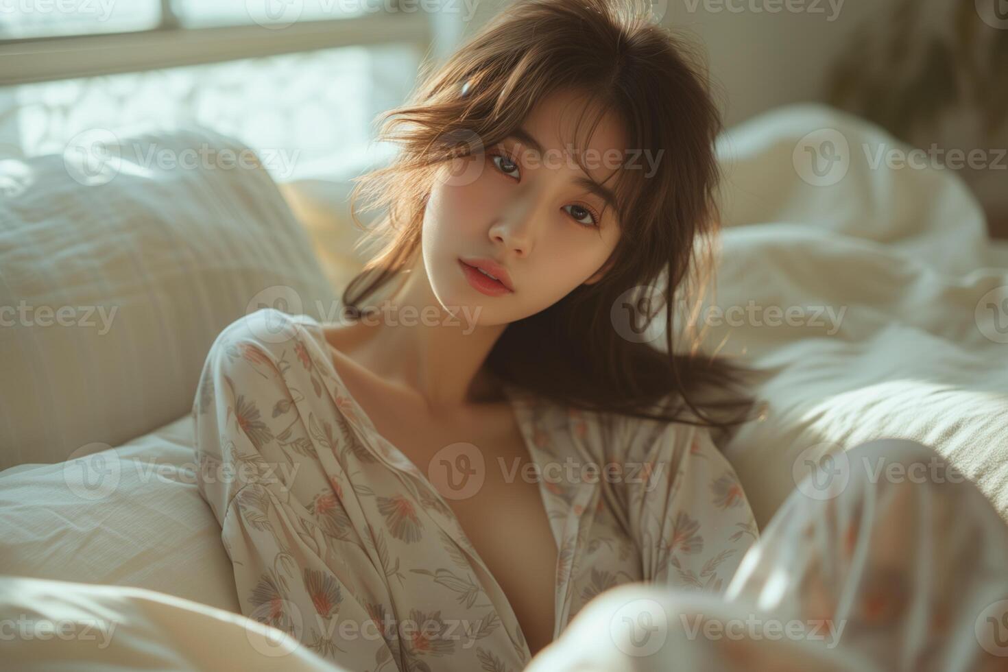 AI generated Beautiful young asian woman wake up in the morning with sunlight photo