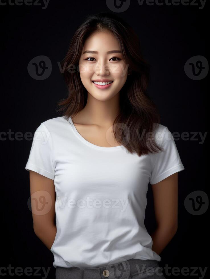 AI generated Portrait of a beautiful asian woman in white t-shirt photo