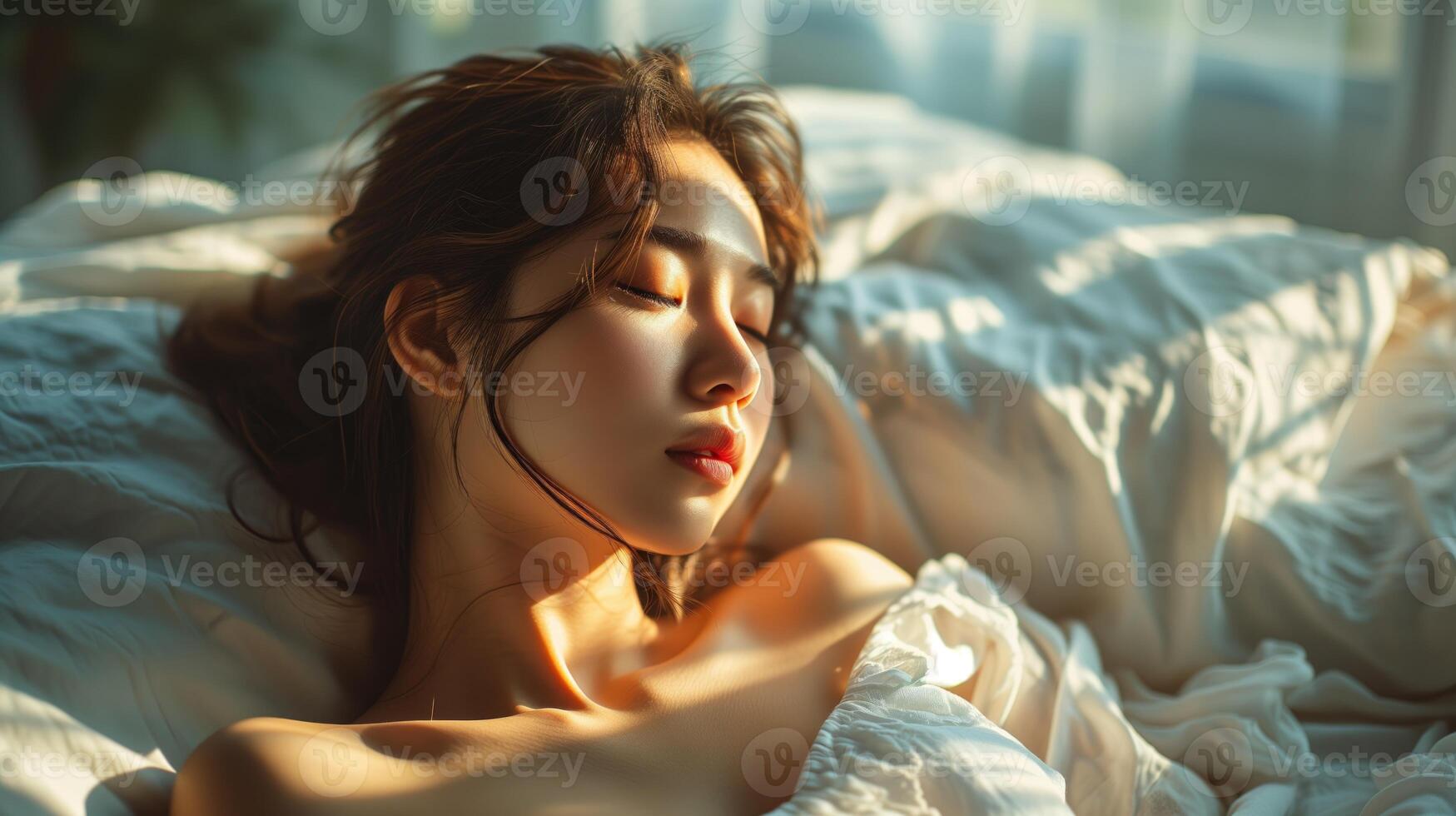 AI generated Beautiful young woman in pajamas sleeping in bed at early morning photo