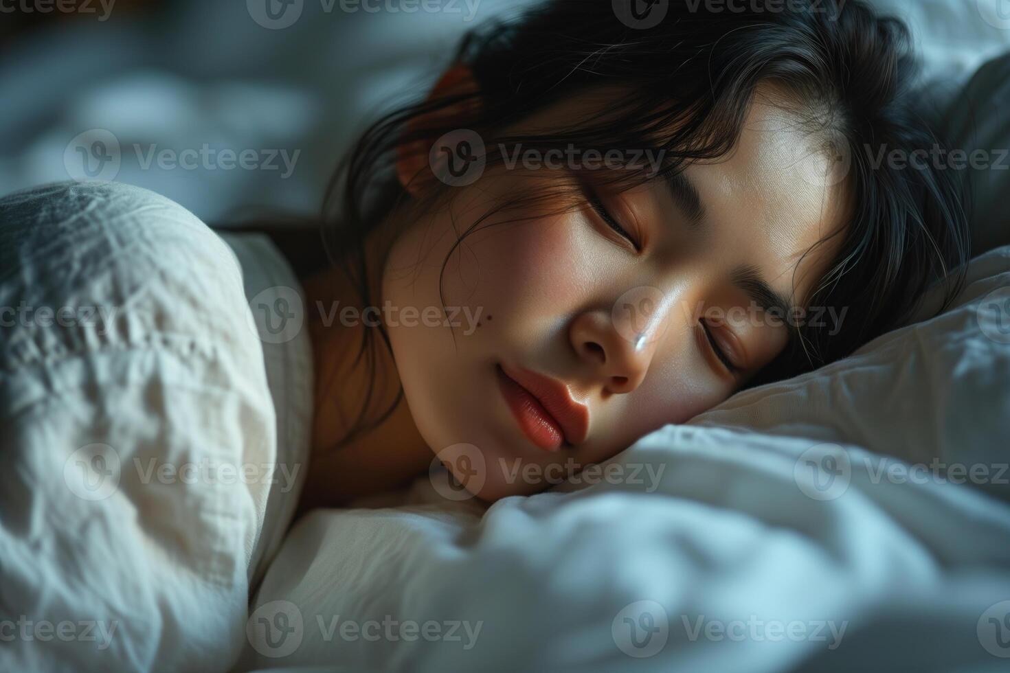 AI generated Beautiful young woman in pajamas sleeping in bed at early morning photo