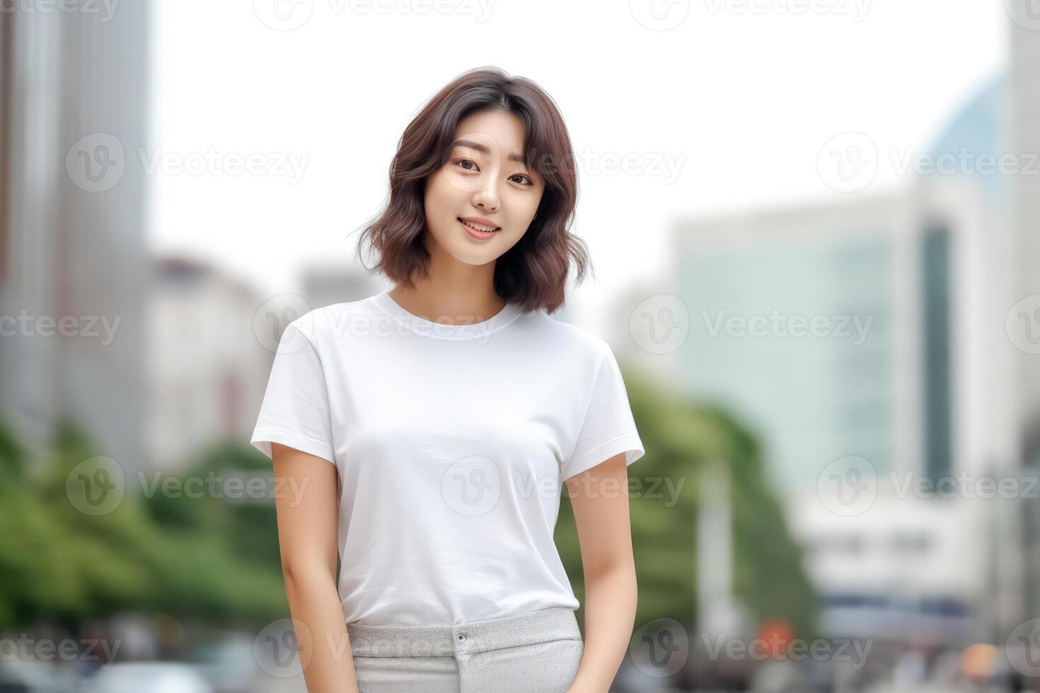 ai generado retrato de un hermosa asiático mujer en blanco camiseta. foto