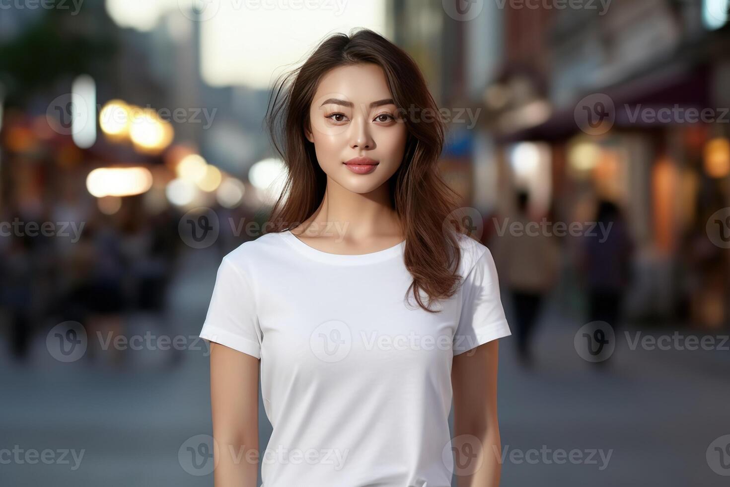 AI generated Portrait of a beautiful asian woman in white t-shirt photo