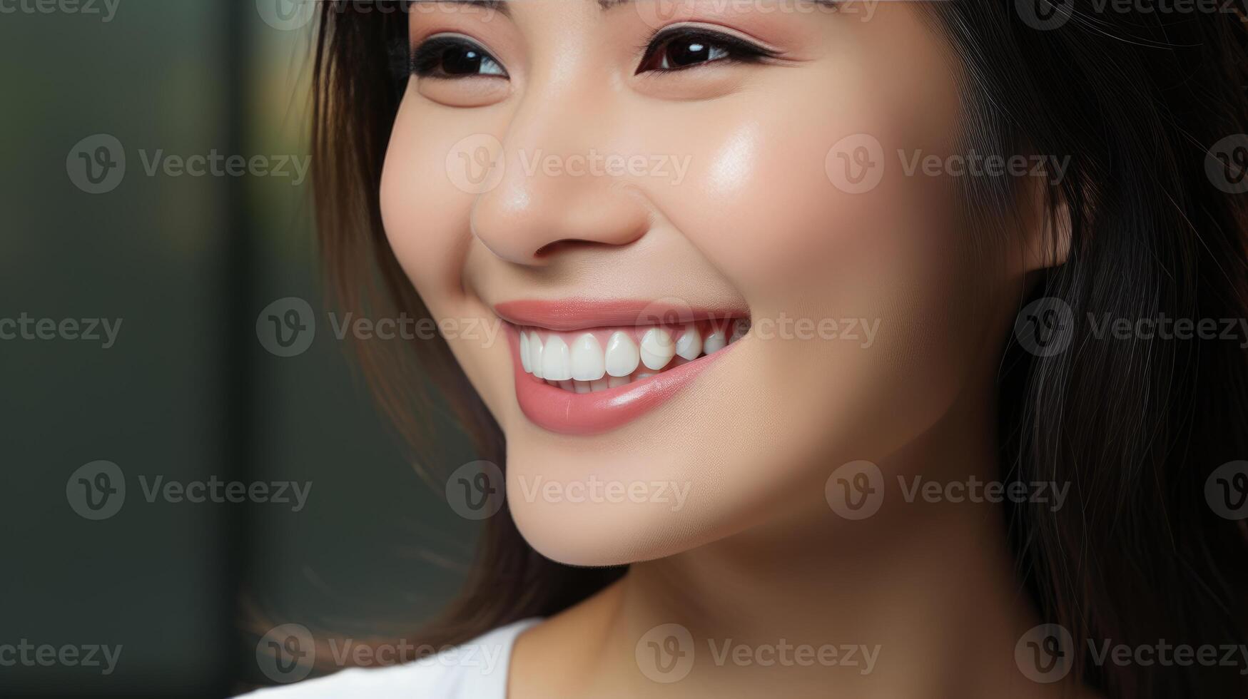 AI generated Close up of young woman smiling with perfect white teeth photo