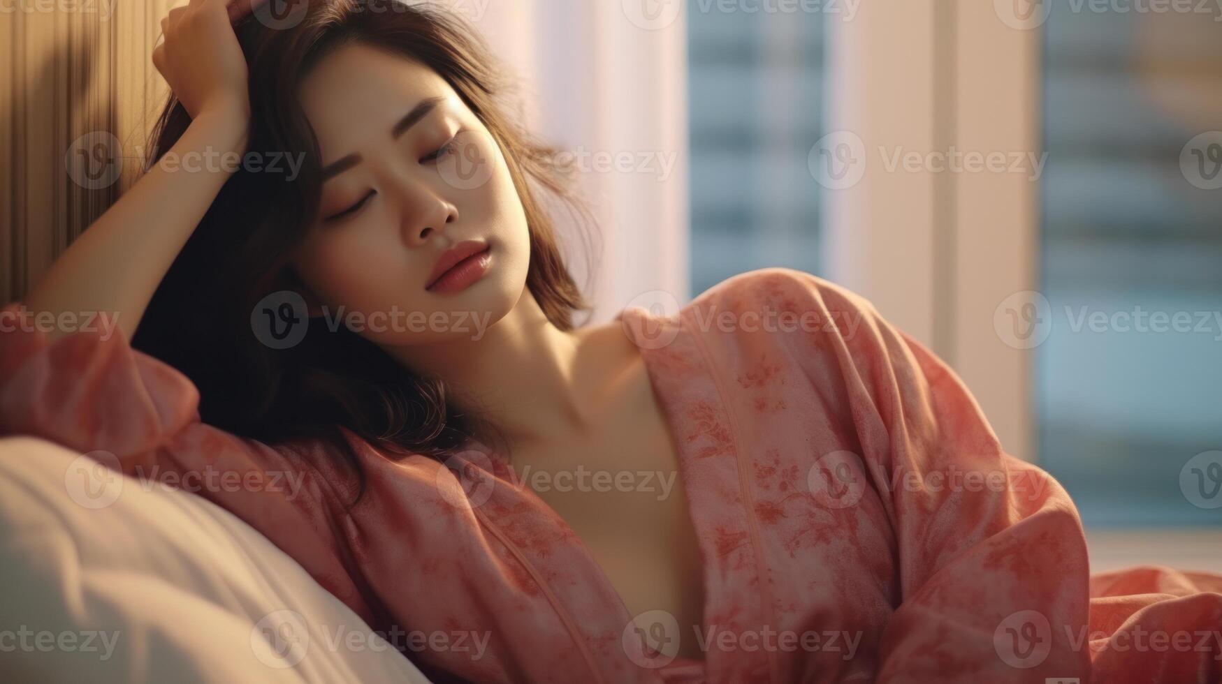 AI generated Young asian woman sleeping well in bed. photo