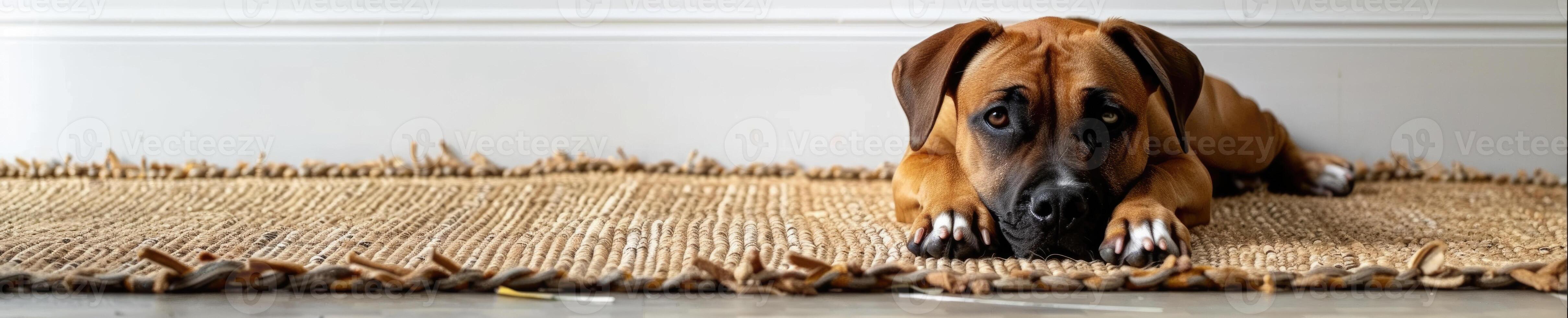 AI generated Cute relaxed dog lying on cool mat in hot day , white wall background, summer heat. ai generated photo