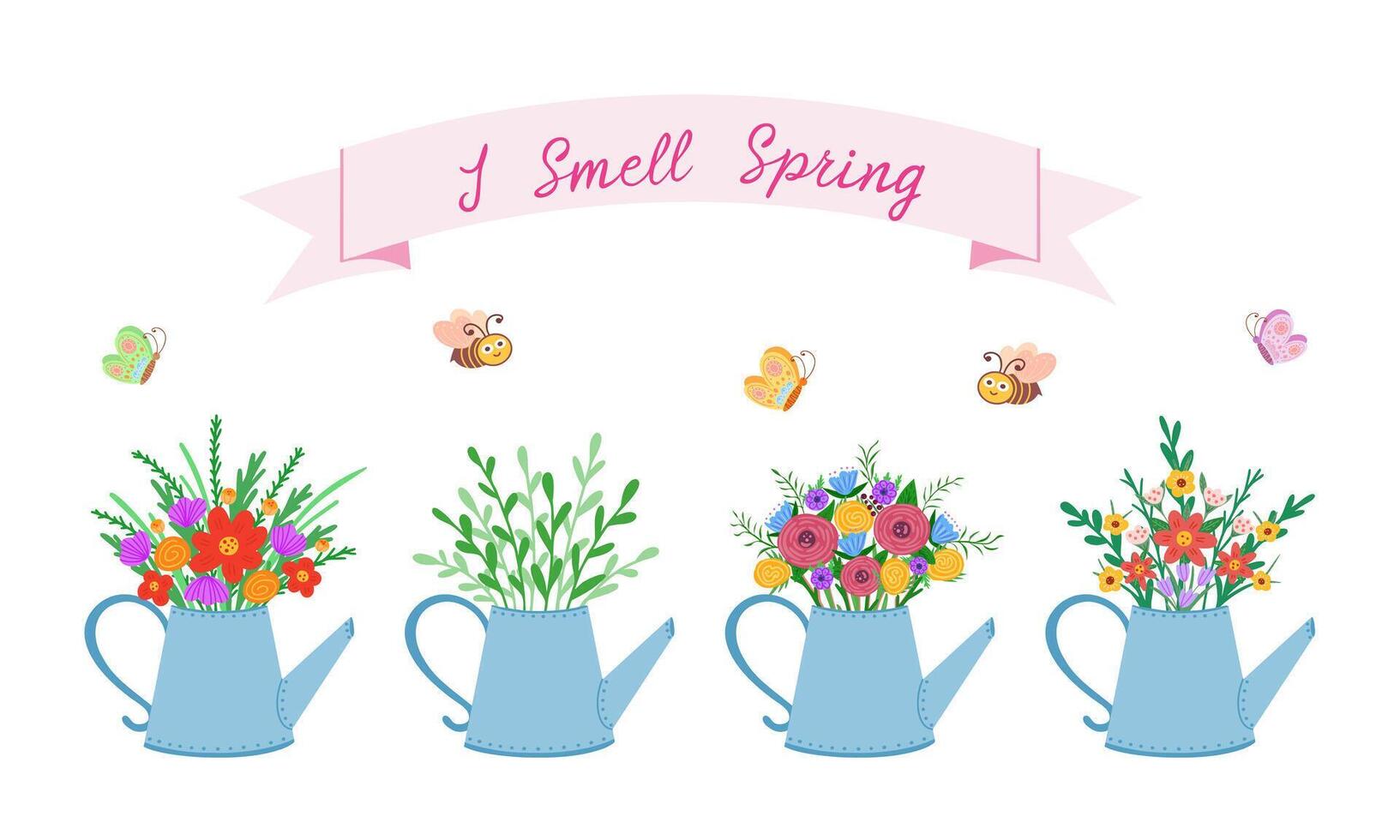 flowers in watering can, set. I smell spring. Illustration for printing, backgrounds, covers and packaging. Image can be used for cards, posters and stickers. Isolated on white background. vector