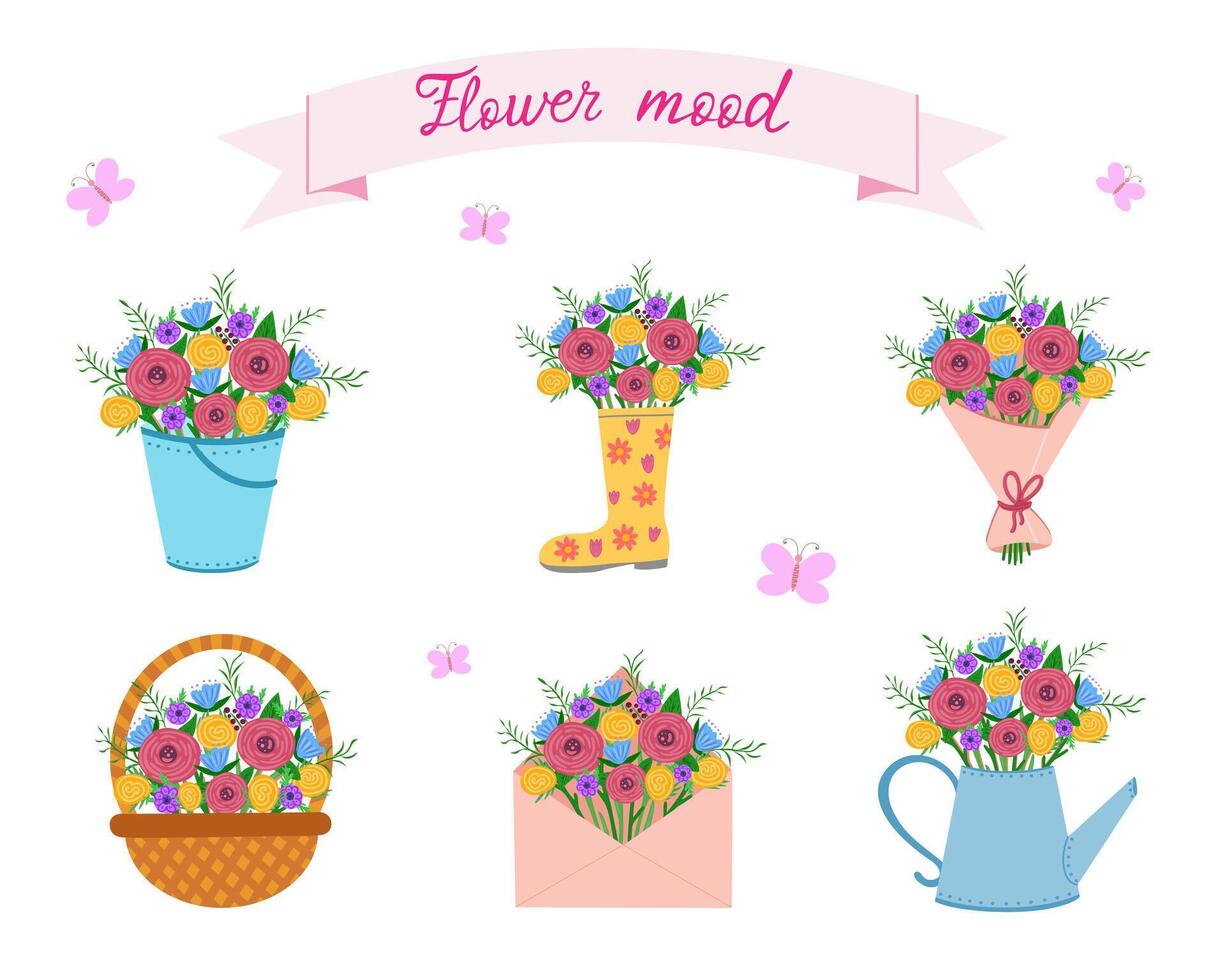 bouquet set, flower mood. Illustration for printing, backgrounds, covers and packaging. Image can be used for greeting cards, posters, stickers and textile. Isolated on white background. vector