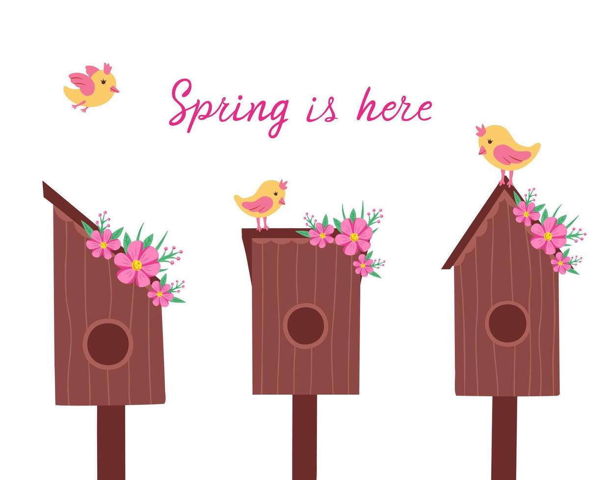 birdhouse with little birds set, spring is here. Illustration for printing, backgrounds, covers and packaging. Image can be used for cards, posters and stickers. Isolated on white background. vector