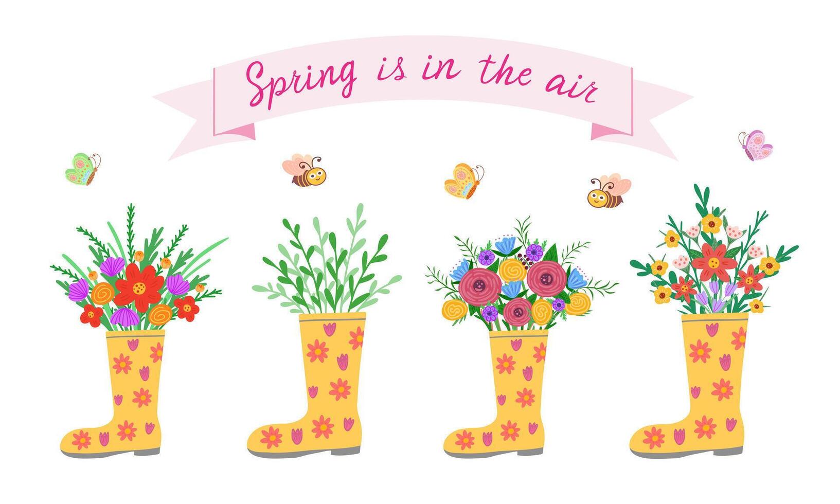 boots with flowers, set of different floral bouquets, spring is in the air. Illustration for backgrounds and packaging. Image can be used for cards and posters. Isolated on white background. vector