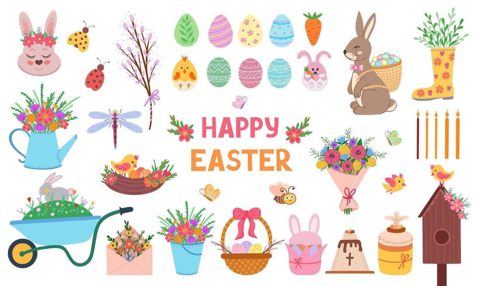 Big Collection of Happy Easter Objects. Illustration for printing, backgrounds, covers and packaging. Image can be used for cards, posters, stickers and textile. Isolated on white background. vector