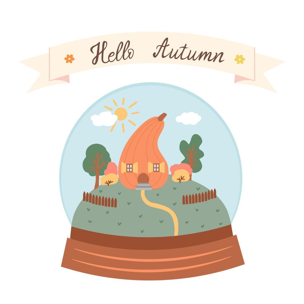 Hello autumn, landscape with pumpkin, gift glass ball. Illustration for printing, backgrounds and packaging. Image can be used for cards, posters and stickers. Isolated on white background. vector