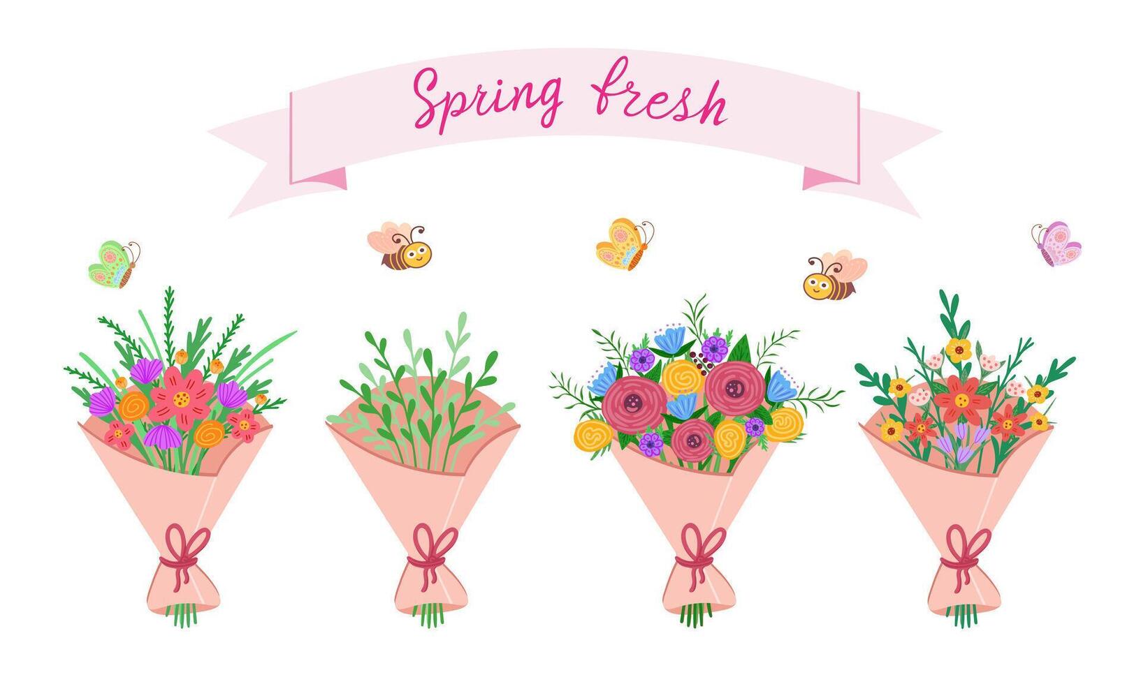 spring fresh, bouquet of flowers set. Illustration for printing, backgrounds, covers and packaging. Image can be used for cards, posters, stickers and textile. Isolated on white background. vector