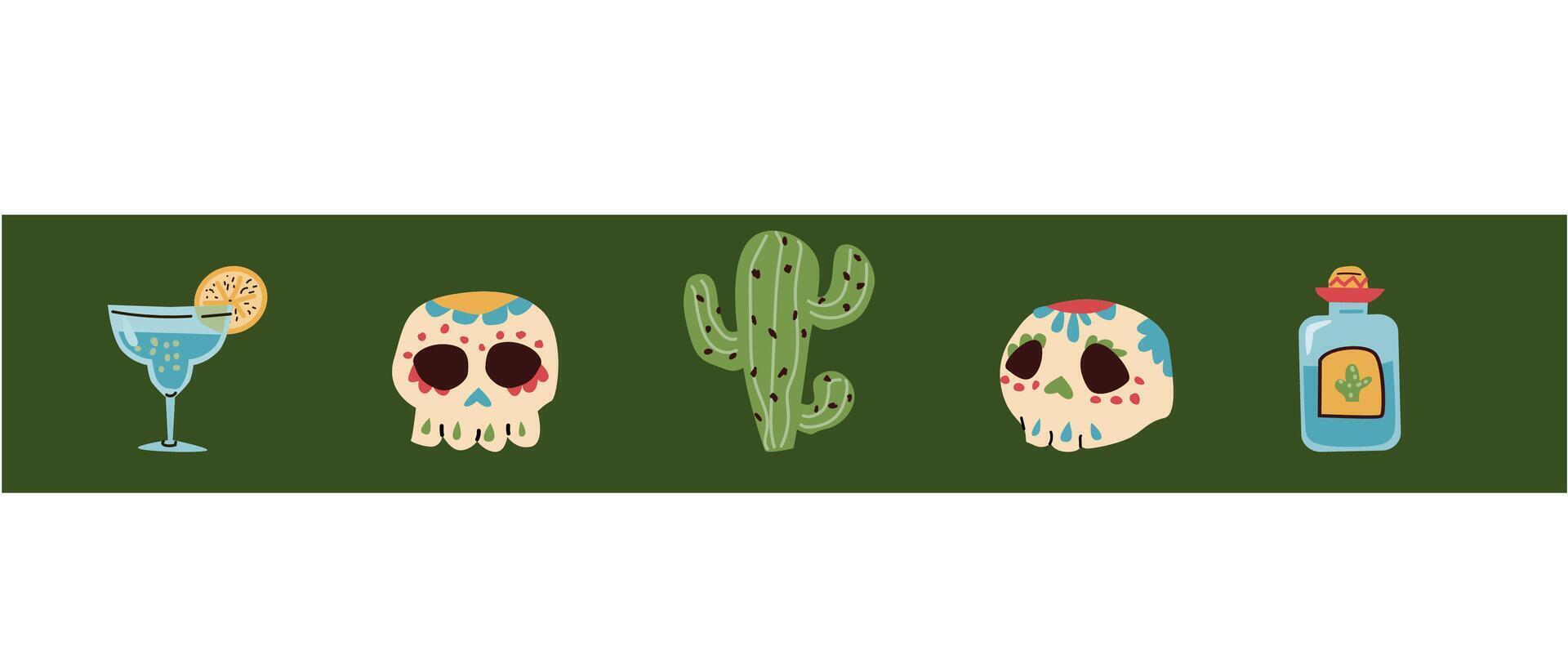 Mexican border of skull, tequila, cactus on green background. Vector illustration can used for greeting card, banners and flyers.