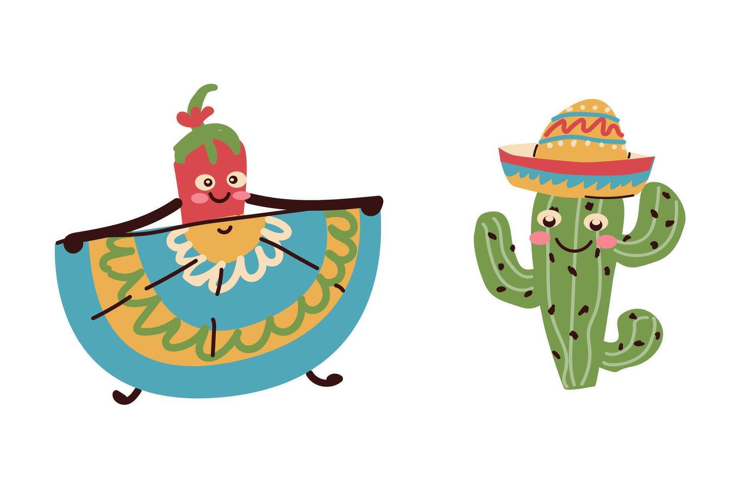 Fun, cute character chilli pepper dancing and cactus in hat. can used for Cinco de Mayo - May 5, federal holiday in Mexico. vector