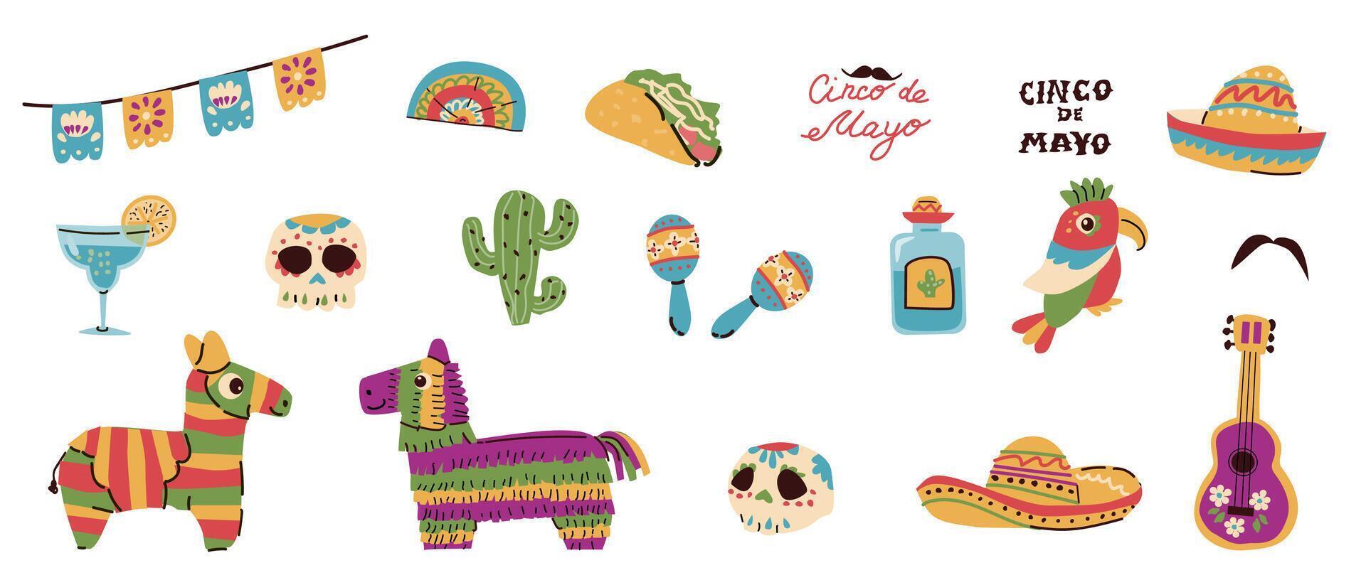 conjunto de cinco Delaware mayonesa mexicano fiesta elementos. vector ilustración aislado. piñata caballo, maracas, guitarra, azúcar remar, tequila y cactus, sombrero - vector ilustraciones.