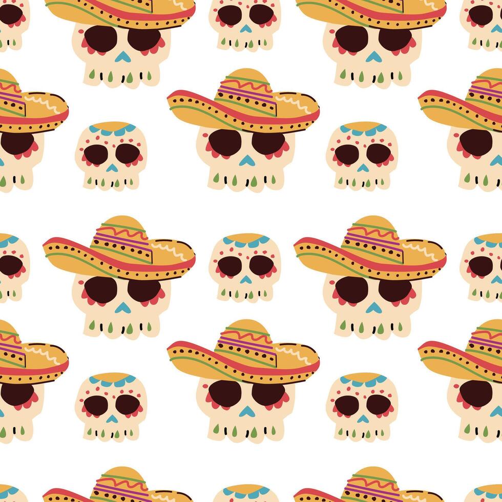 hand drawn mexican skull in hat seamless pattern. Vector illustration of mexican elements background.