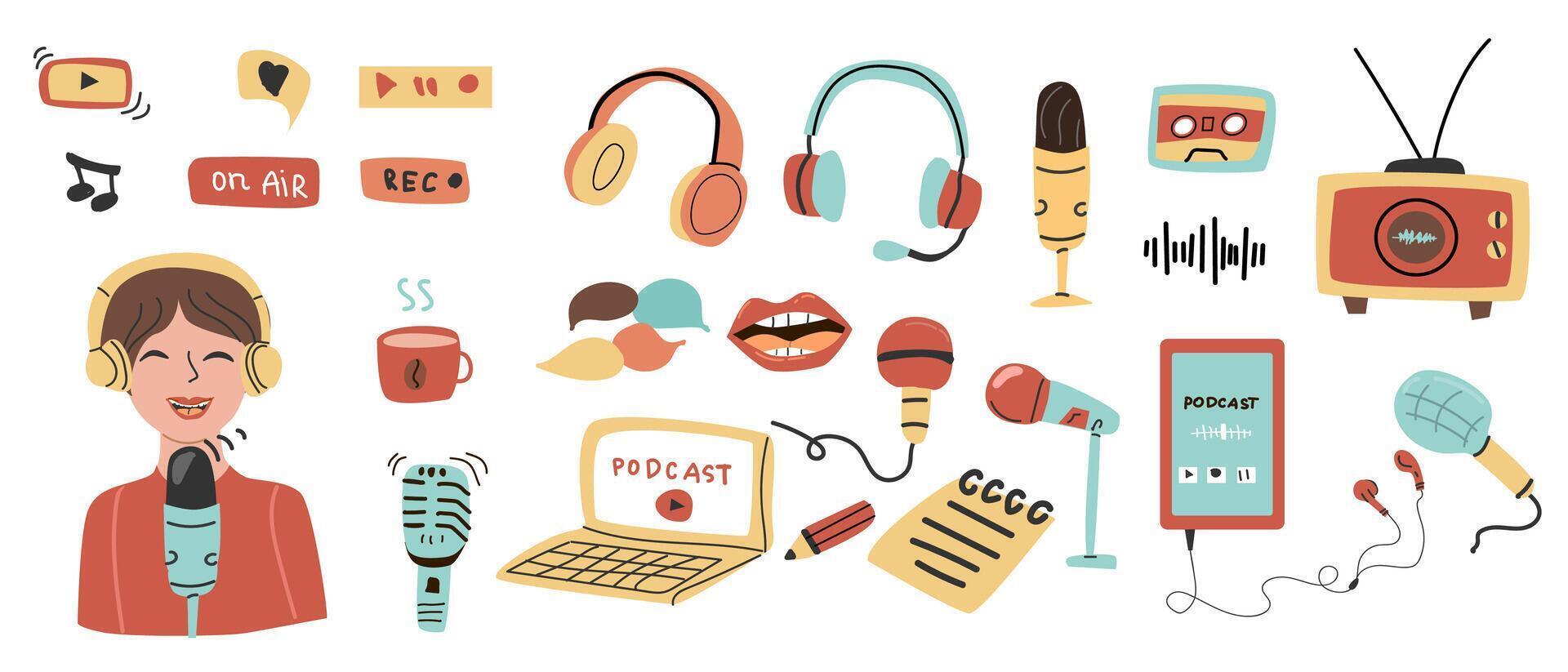 Hand drawn Podcast elements set with audio equipment and woman in flat style. Microphone, laptop, headphones, phone and earphones. Media equipment for audio and video recording, broadcasting. vector