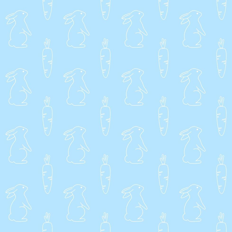 Simple cute easter bunny seamless pattern vector illustration. White bunnies silhouette on blue background. Hand drawn cartoon flat design..