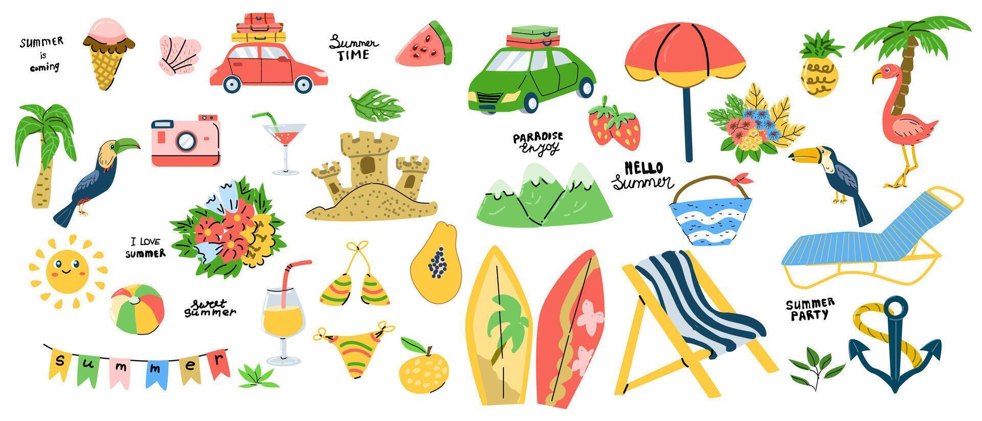 Big summer set of hand drawn elements - car with luggage, umbrella, swimsuit, sun, ball, beach chair, flamingo and tropical birds toucans, anchor, photo camera, tropical fruits. vector