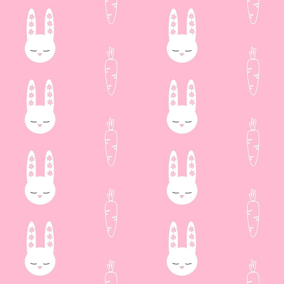 Simple cute easter bunny seamless pattern vector illustration. White bunnies silhouette on pink background. Hand drawn cartoon flat design..