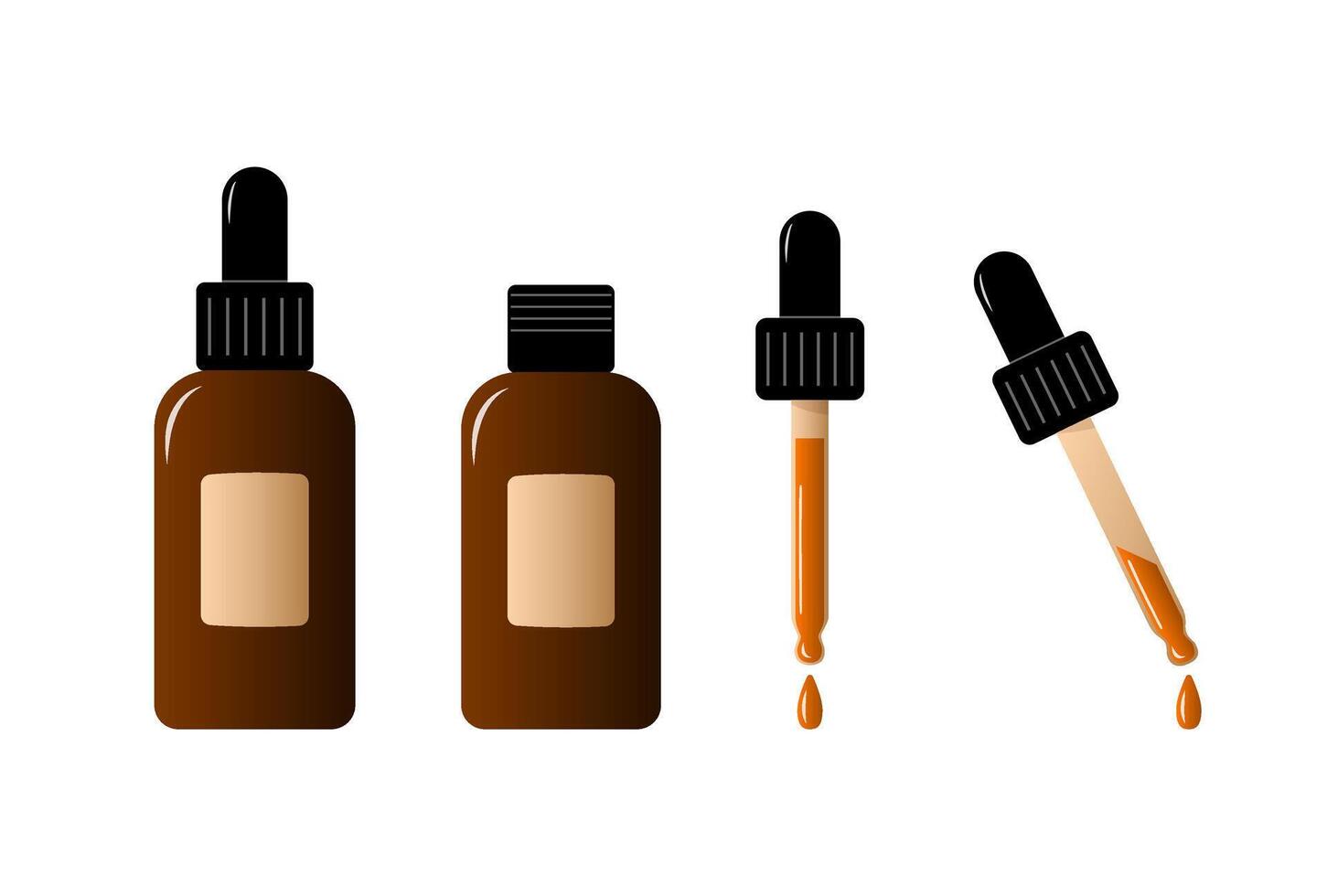 Serum bottles and droppers set vector illustrations isolated. In flat cartoon style.