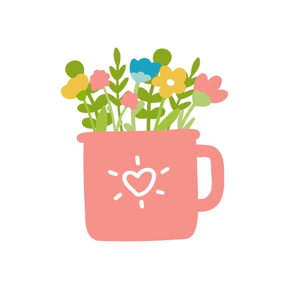 Flowers in cup vector illustration isolated on white background. Different colorful flowers in flat design and cute simple style. Pink cup with heart.