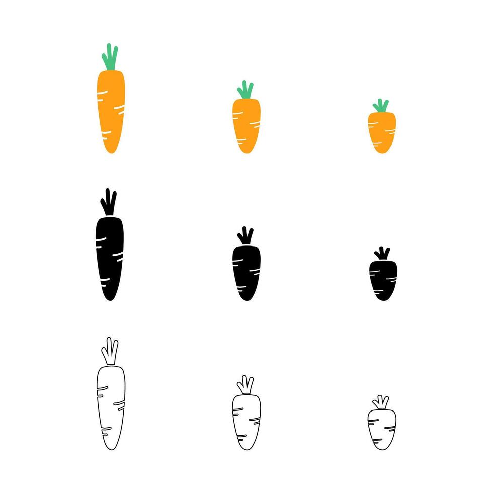 Set of cartoon carrots icon isolated on white background vector illustration. Colored and black silhouette outline. Simple flat hand drawn design.