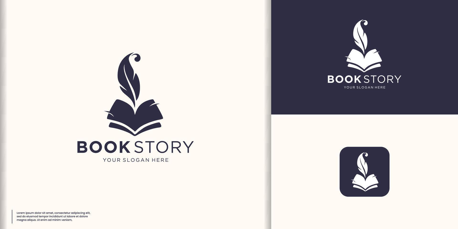 classic book story logo inspiration, Quill and book logo vertical shape concept. vector